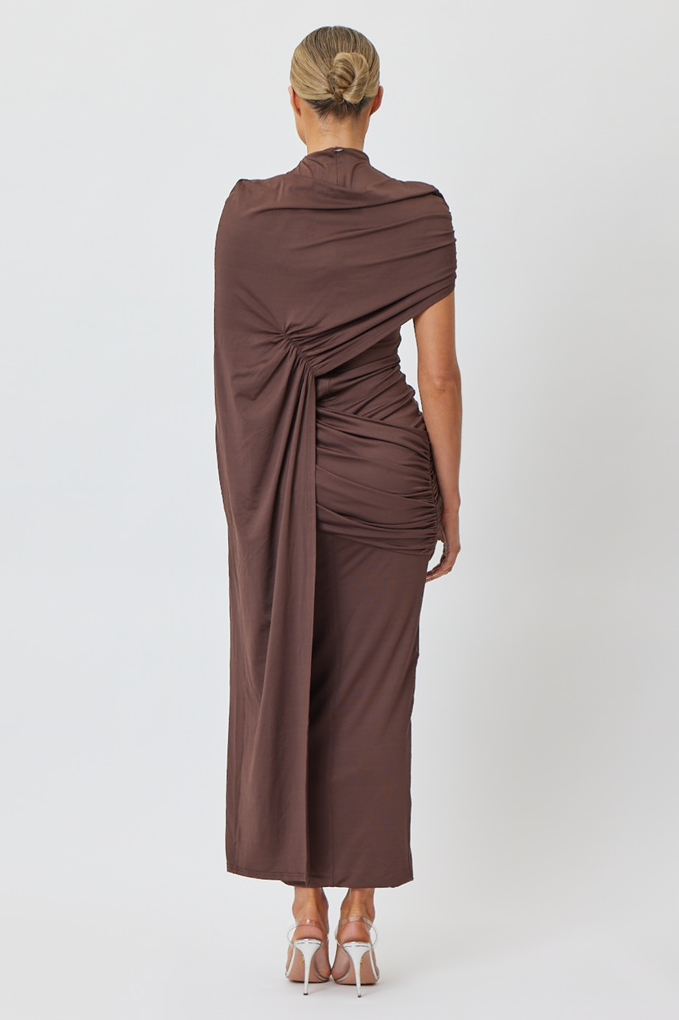 Jersey Gathering Cape Sleeve Midi Dress