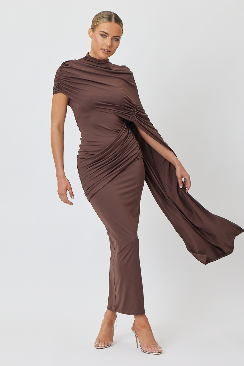 Jersey Gathering Cape Sleeve Midi Dress