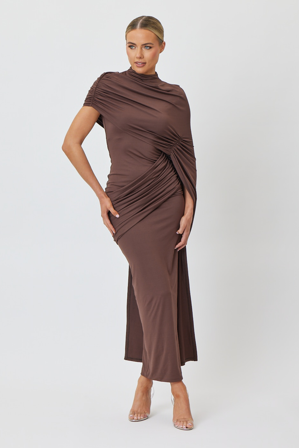 Jersey Gathering Cape Sleeve Midi Dress