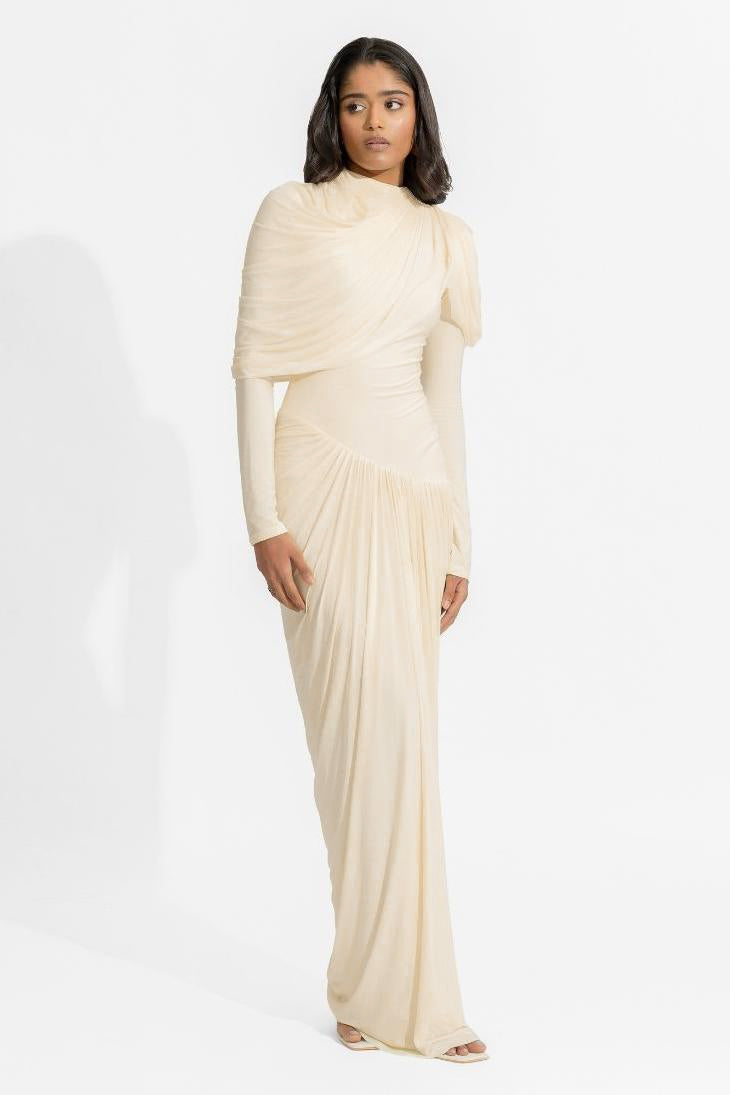 Jersey Chiffon Gathering Maxi Dress