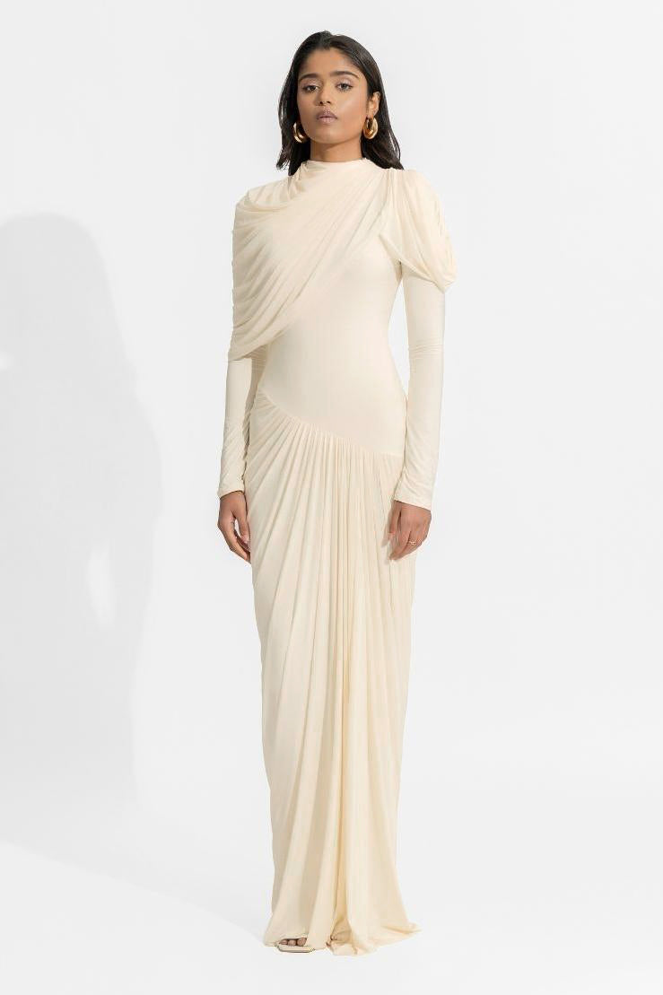 Jersey Chiffon Gathering Maxi Dress