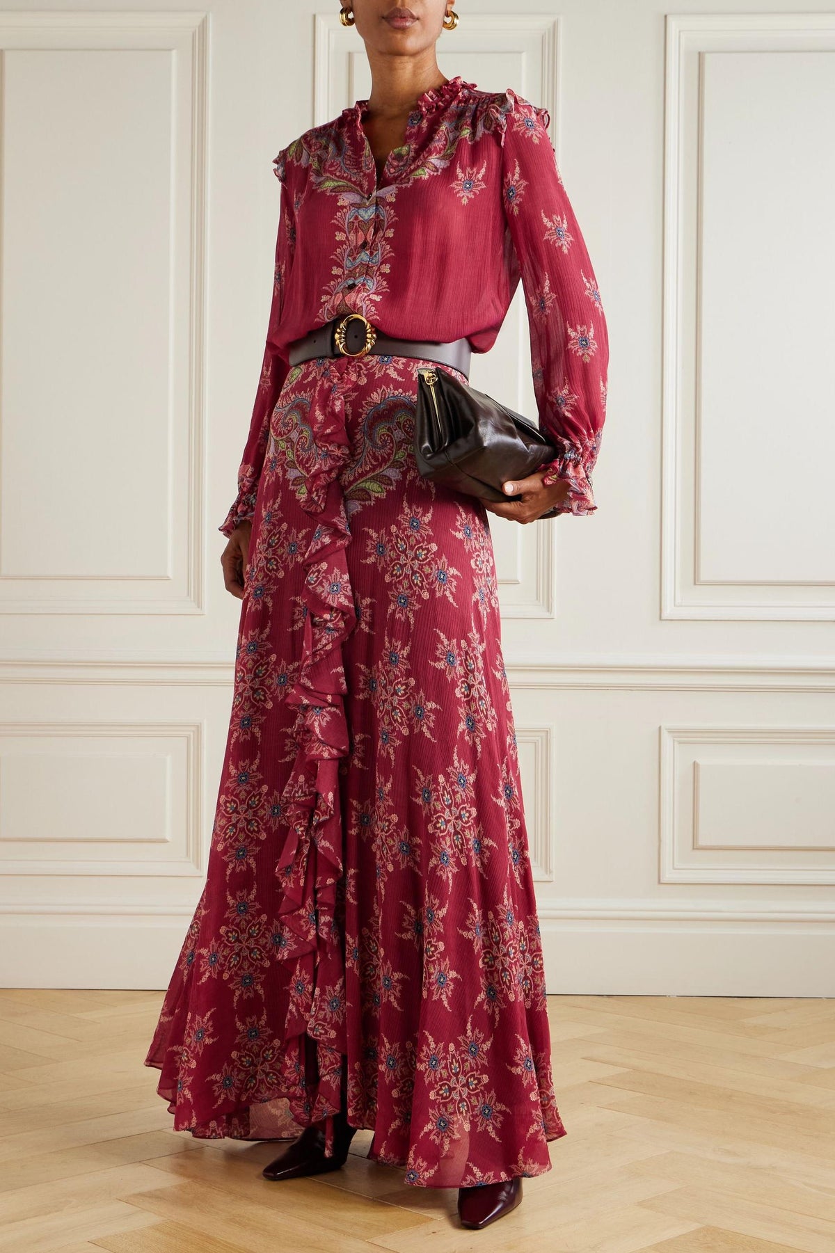 Paisley Print Top & High Waist Frill Maxi Skirt Set