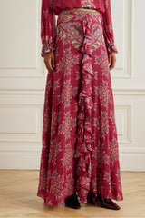 Paisley Print Top & High Waist Frill Maxi Skirt Set