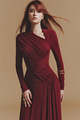 Jersey Gathering Asymmetrical Neck Maxi Dress