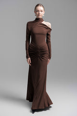Jersey Ruched Asymmetrical Neck Maxi Dress