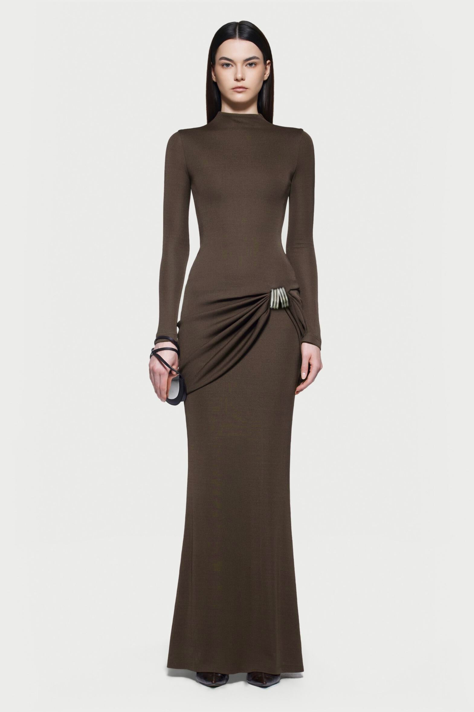 Jersey Metal Decorations Long Sleeve Maxi Dress