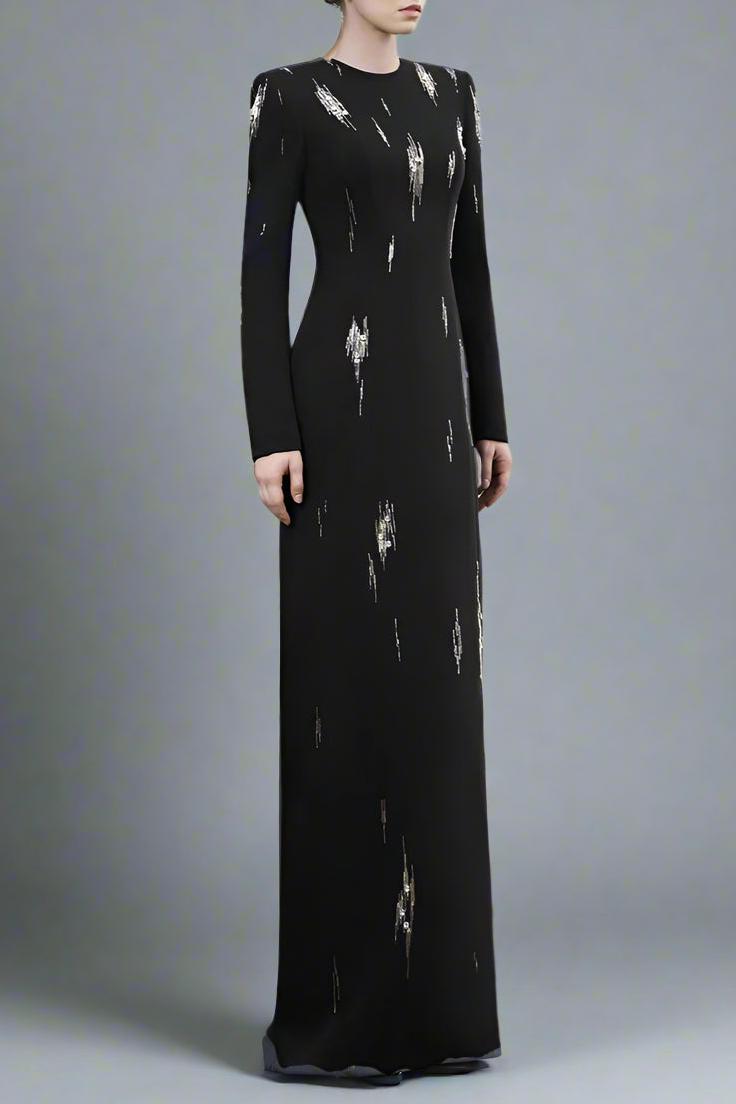 Nail Bead Embroidery Long Sleeve Maxi Dress