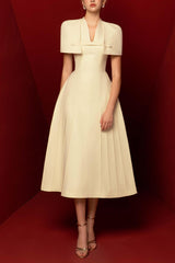 V-Neck Ruched Midi Dress With Cape