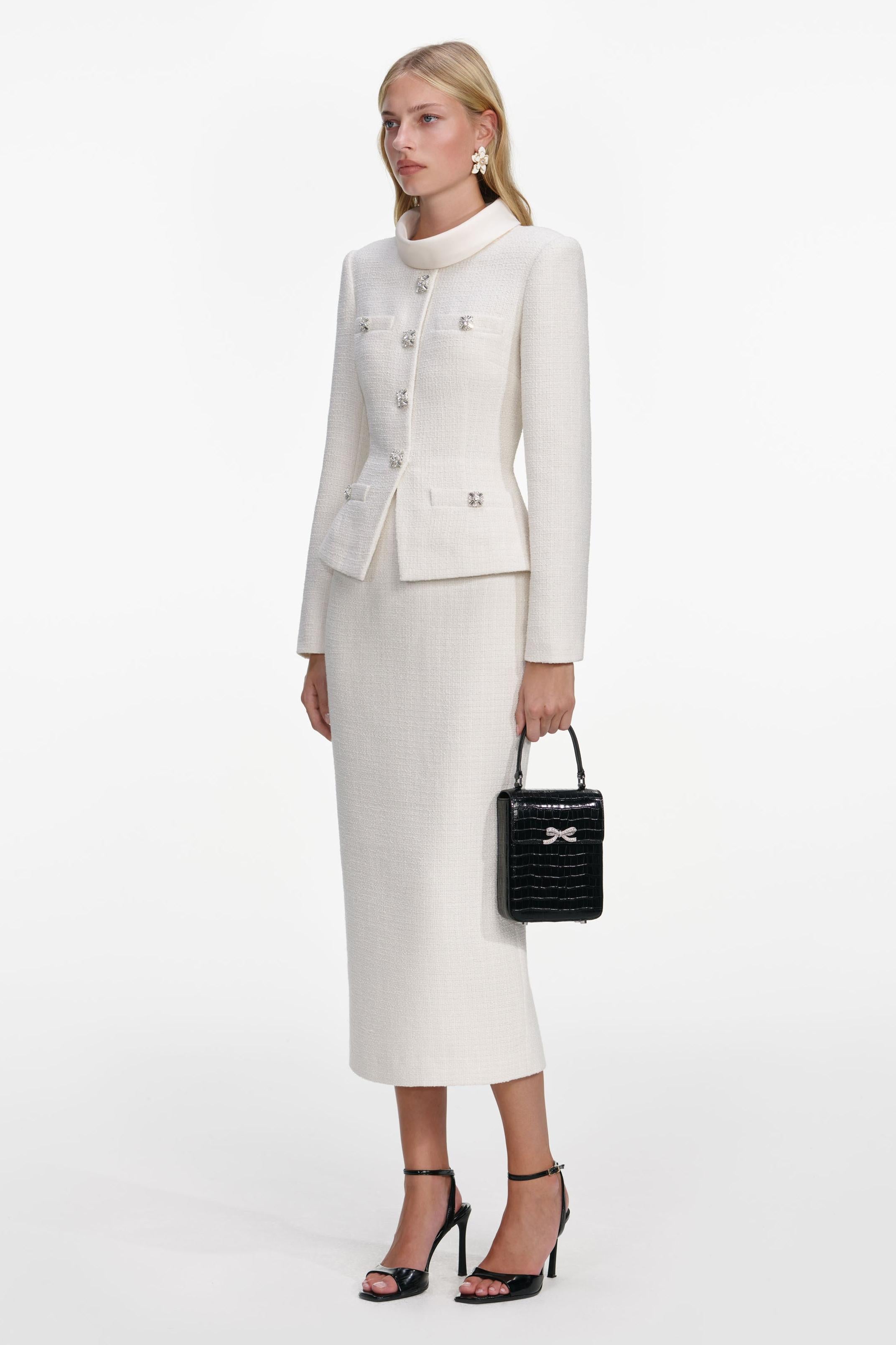 Stand Collar Rhinestone Button Top & Midi Skirt Set