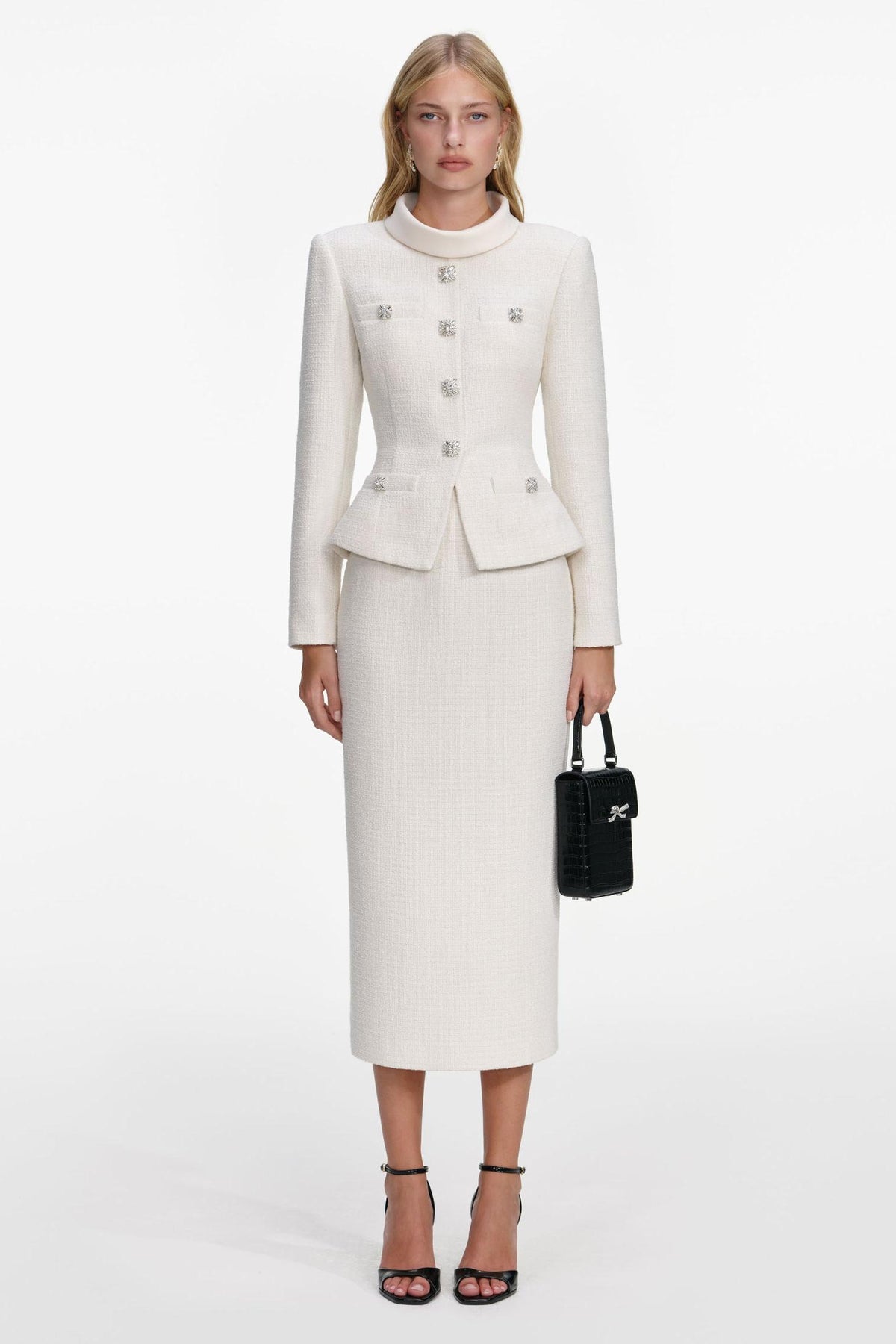 Stand Collar Rhinestone Button Top & Midi Skirt Set