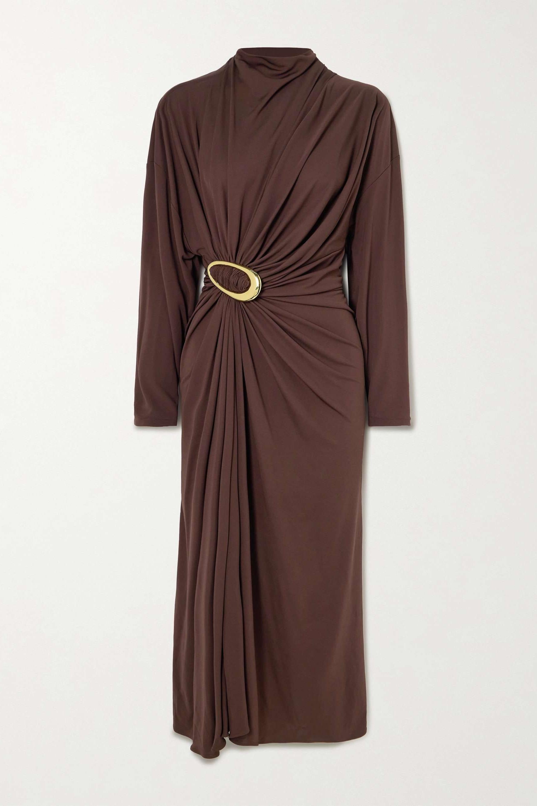 Jersey Metal Decorations Ruched Midi Dress