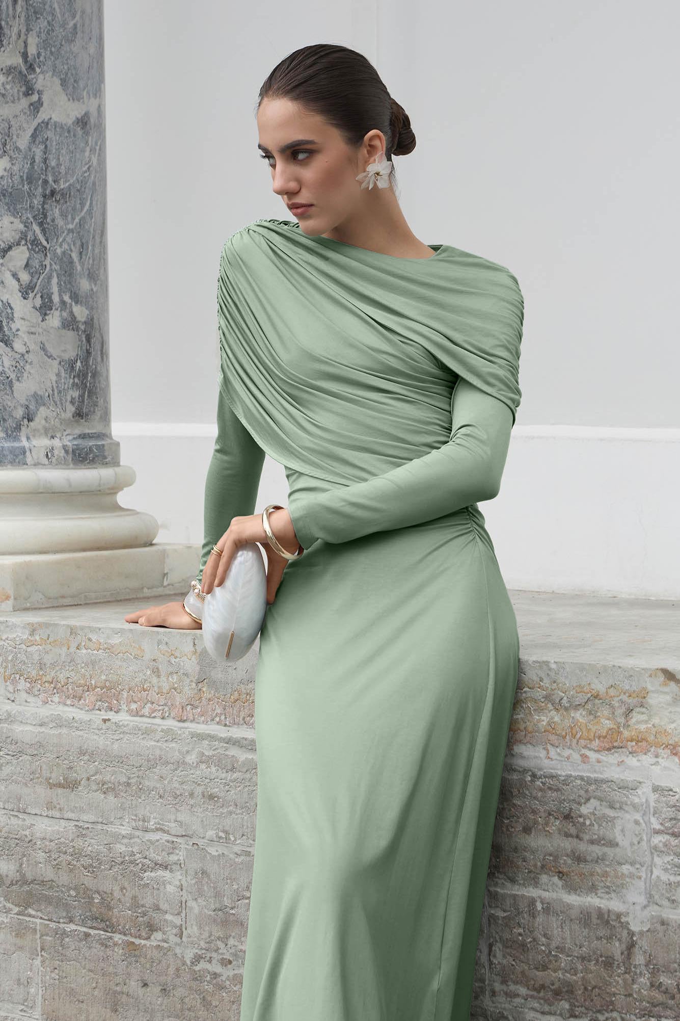 Solid Gathering Long Sleeve Maxi Dress