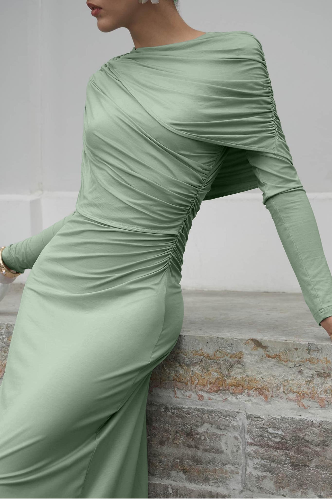 Solid Gathering Long Sleeve Maxi Dress