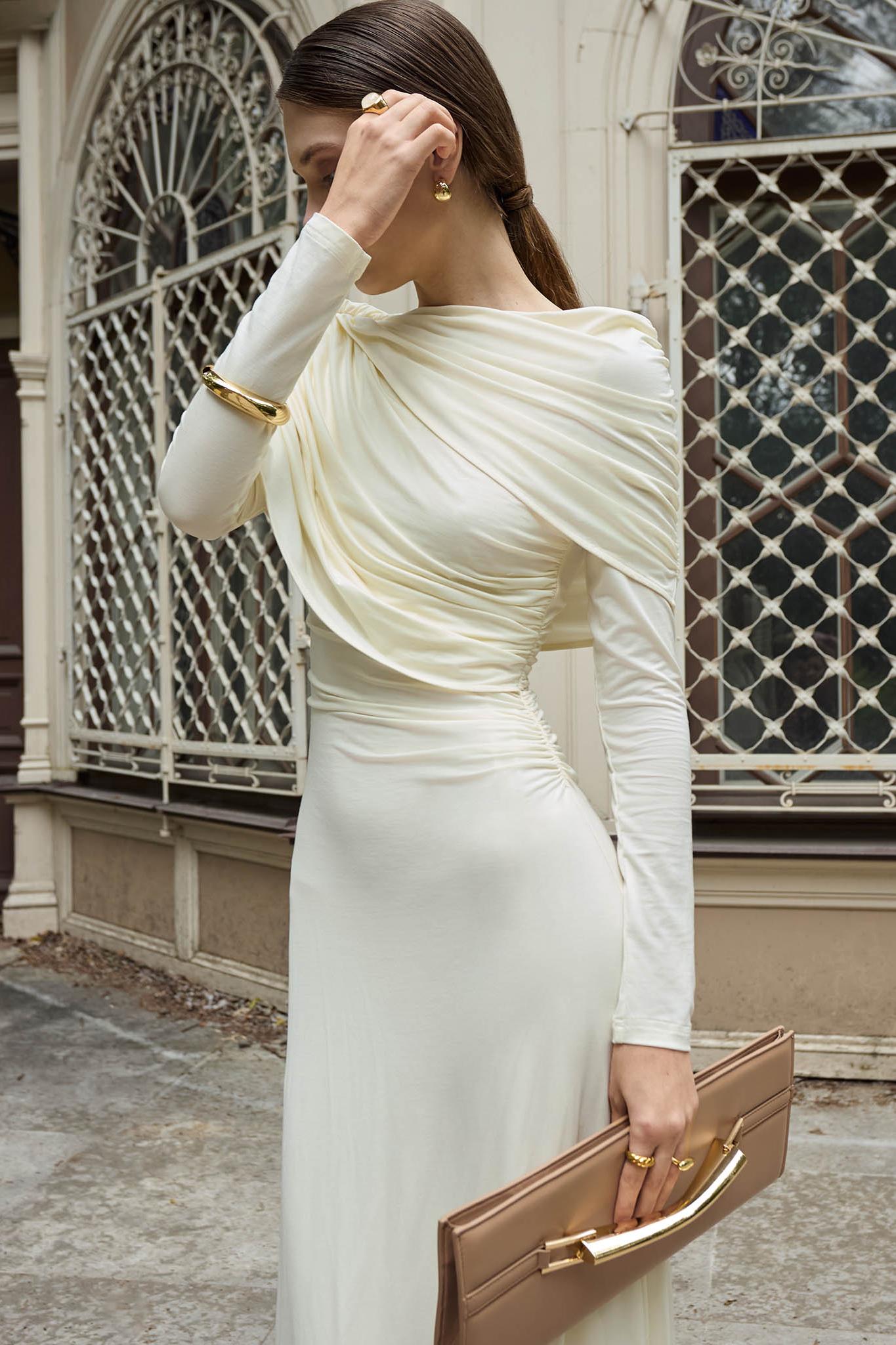 Solid Gathering Long Sleeve Maxi Dress