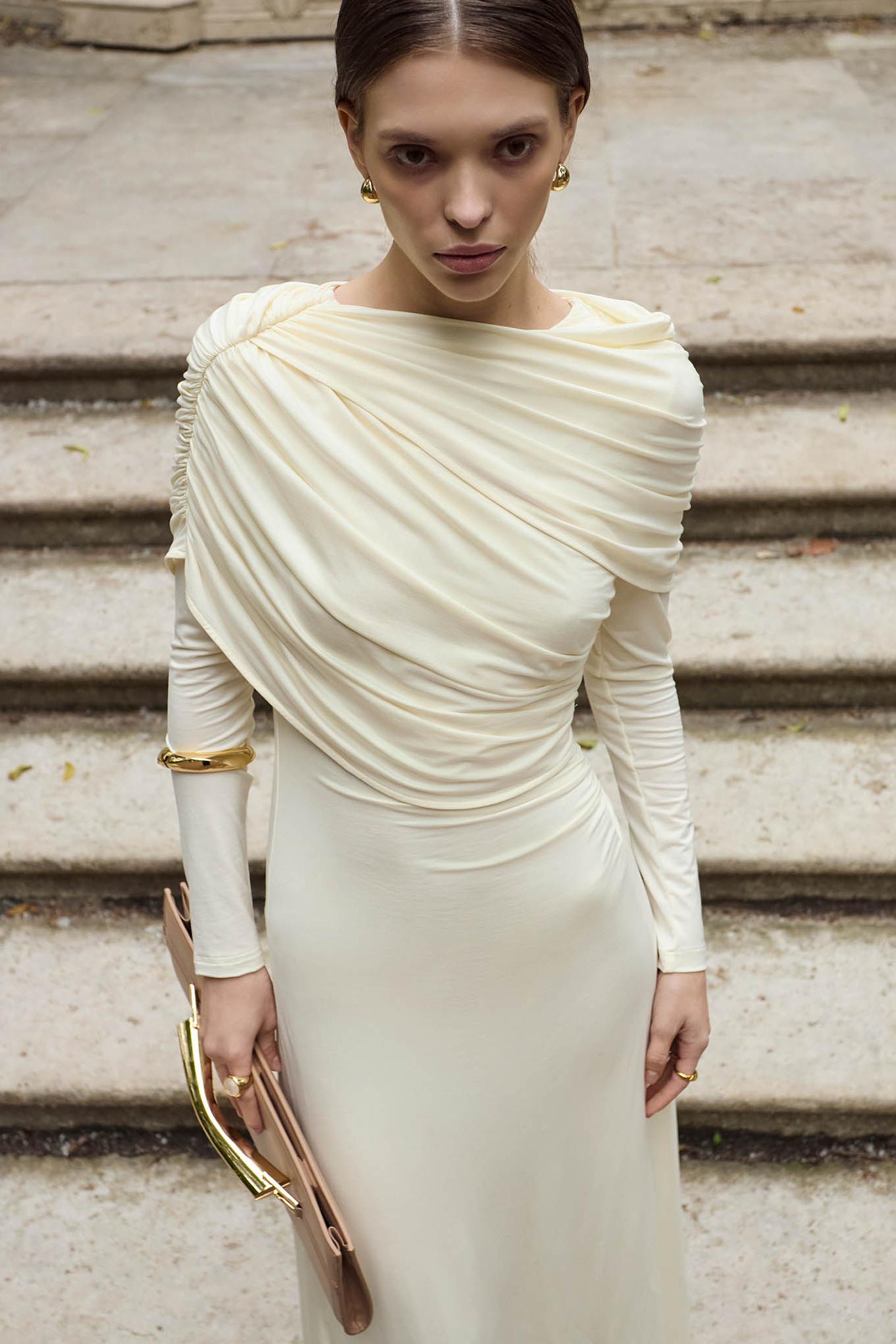 Solid Gathering Long Sleeve Maxi Dress
