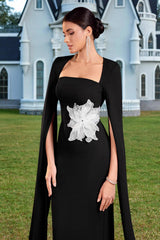 Contrast Color 3D Flower Cape Sleeve Maxi Dress
