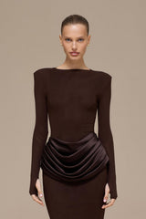 Jersey Splicing Satin Long Sleeve Maxi Dress