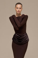 Jersey Splicing Satin Long Sleeve Maxi Dress