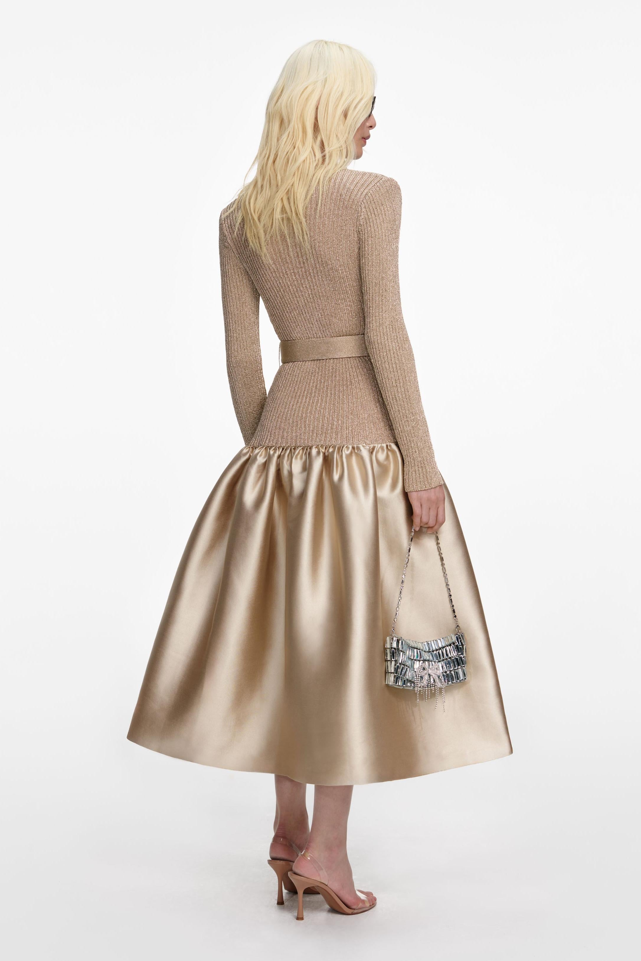 Knit Splicing Satin Midi Dress With Belt
