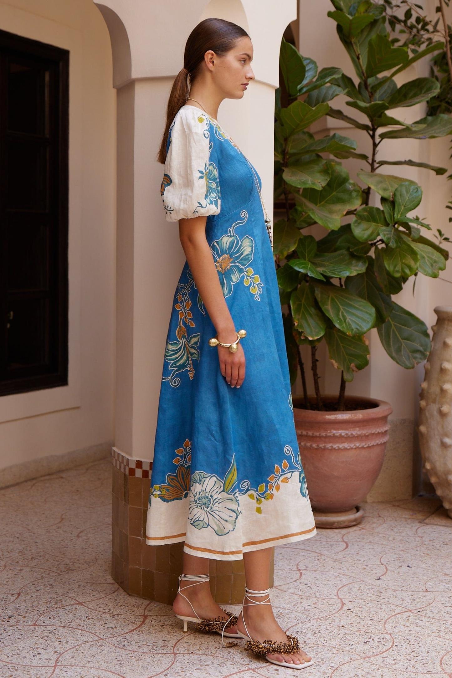 Floral Round Neck Puff Sleeve Midi Dress