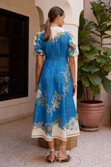 Floral Round Neck Puff Sleeve Midi Dress