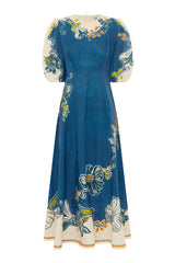 Floral Round Neck Puff Sleeve Midi Dress