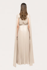 Satin Pleated Cape Sleeve Maxi Dress With Belt