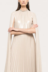 Satin Pleated Cape Sleeve Maxi Dress With Belt