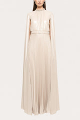 Satin Pleated Cape Sleeve Maxi Dress With Belt