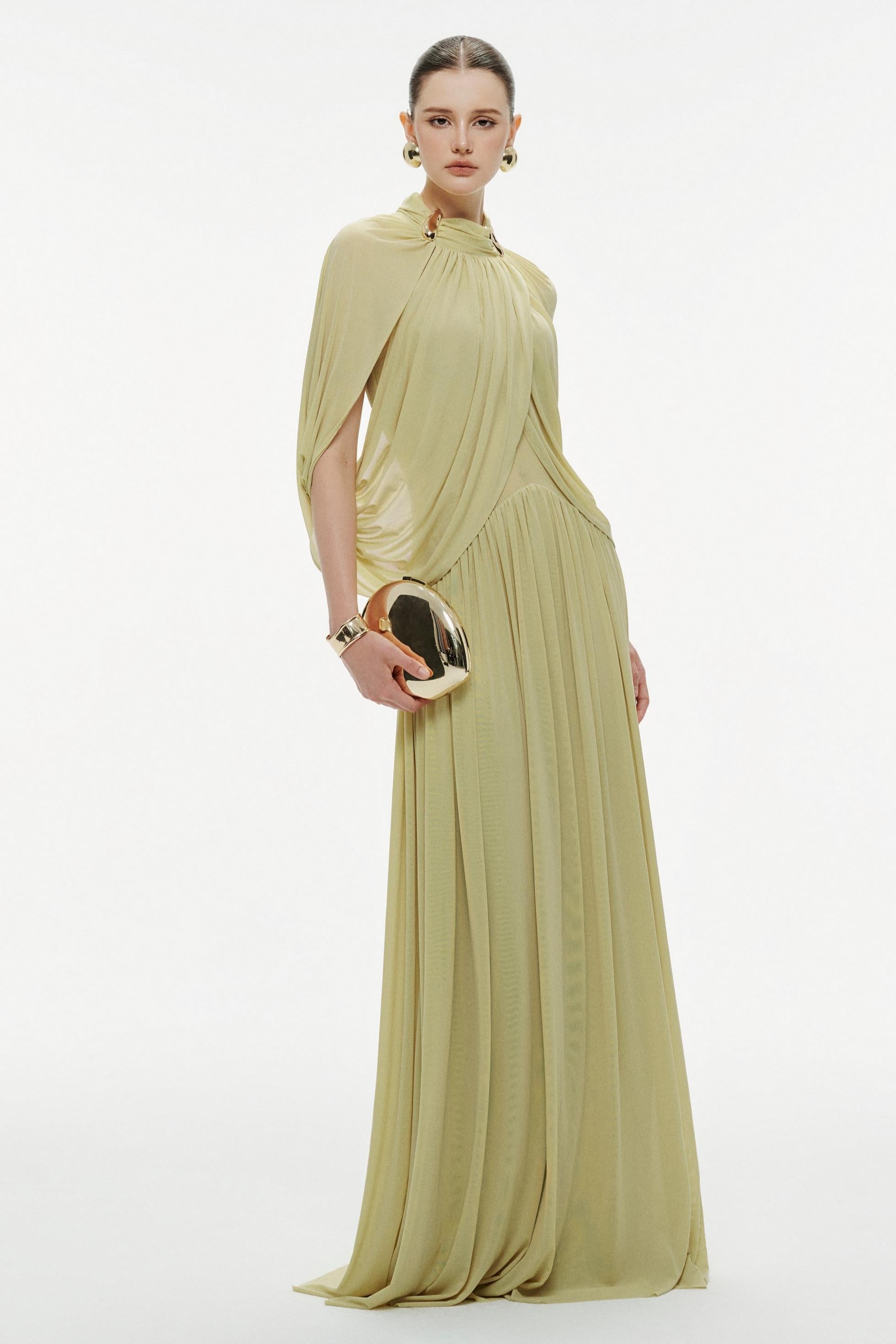 Jersey Metal Decorations Cape Sleeve Maxi Dress