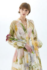Floral Raglan Sleeve V-Neck Midi Dress