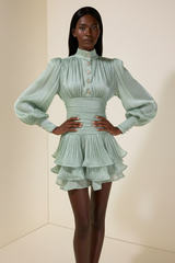 Metal Button Ruffle Gathering Mini Dress