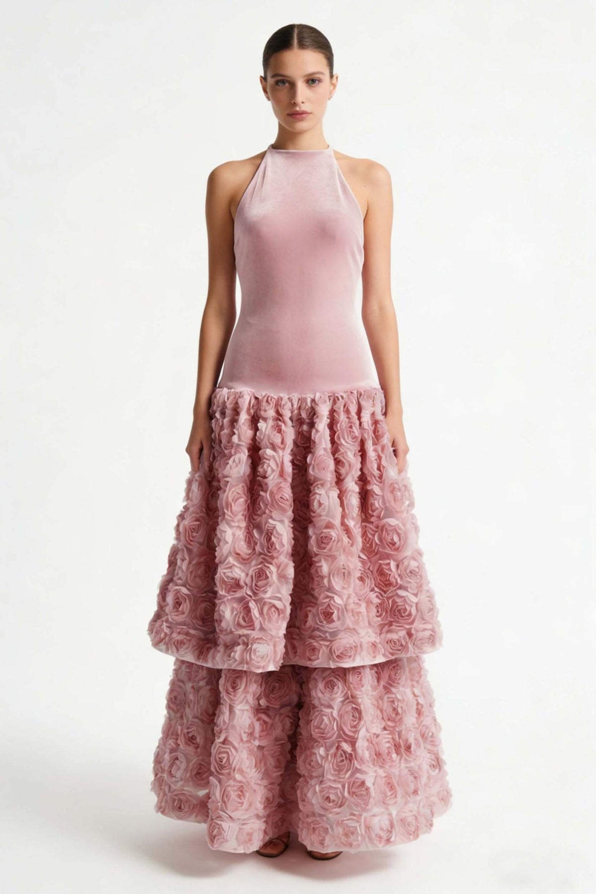 Velvet 3D Flower Halter Neck Midi Dress