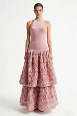 Velvet 3D Flower Halter Neck Midi Dress