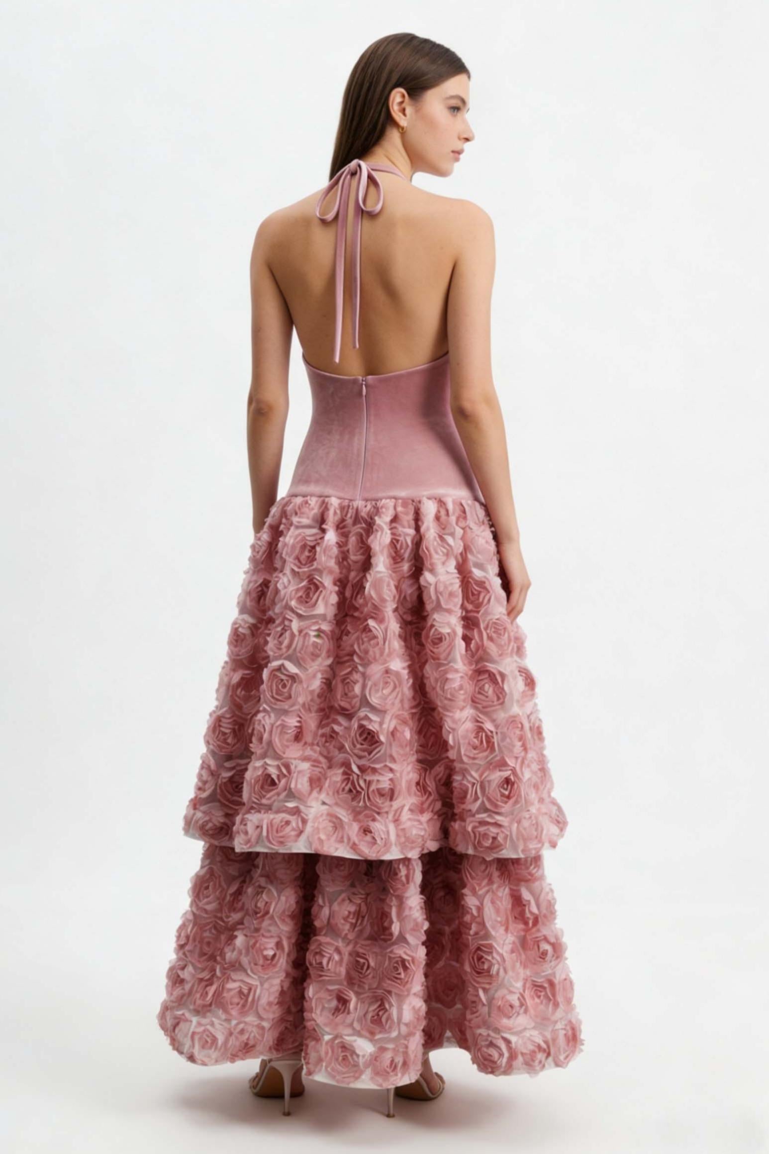 Velvet 3D Flower Halter Neck Midi Dress