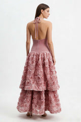Velvet 3D Flower Halter Neck Midi Dress