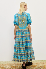 Paisley Print Stand Collar Puff Sleeve Midi Dress
