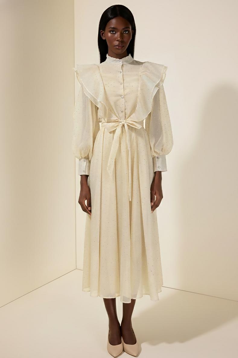 Chiffon Rhinestone Ruffle Midi Dress With Belt