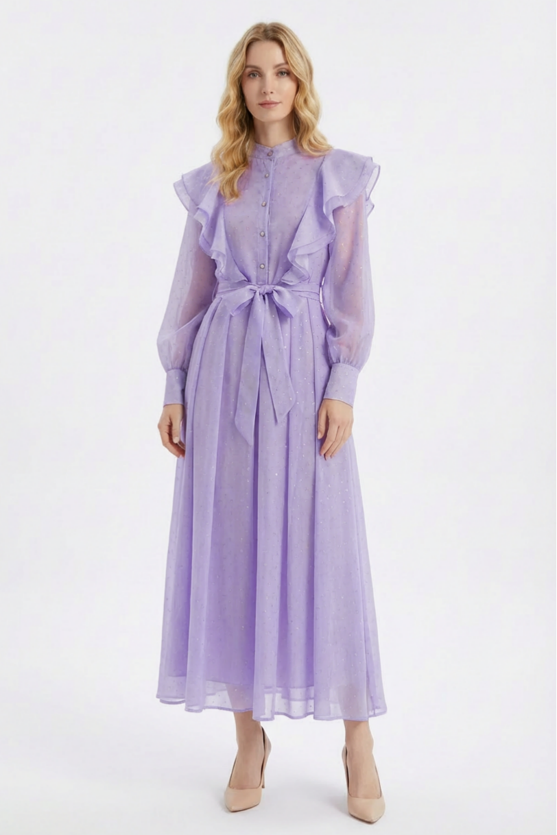 Chiffon Rhinestone Ruffle Midi Dress With Belt