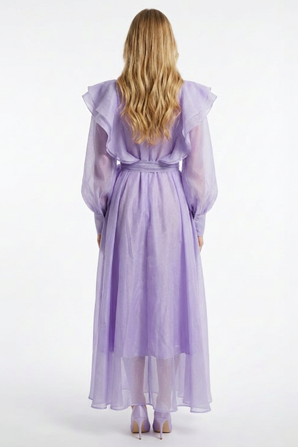 Chiffon Rhinestone Ruffle Midi Dress With Belt