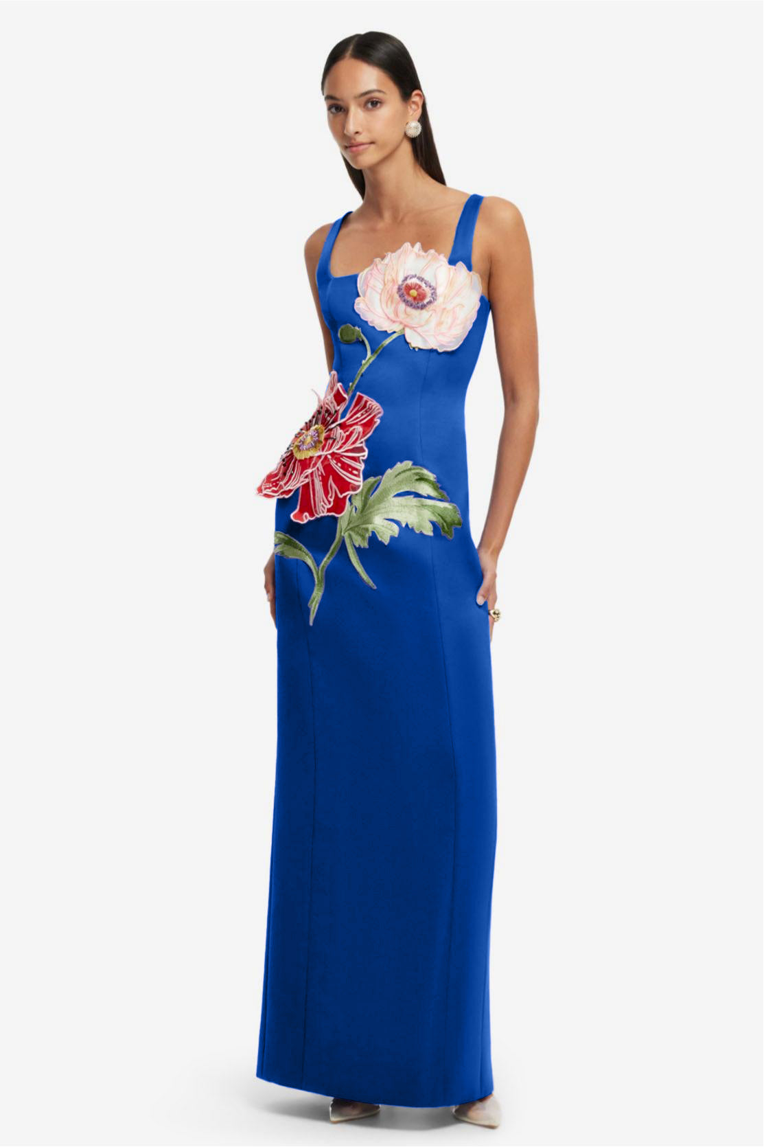 Satin Embroidered Square Collar Maxi Dress