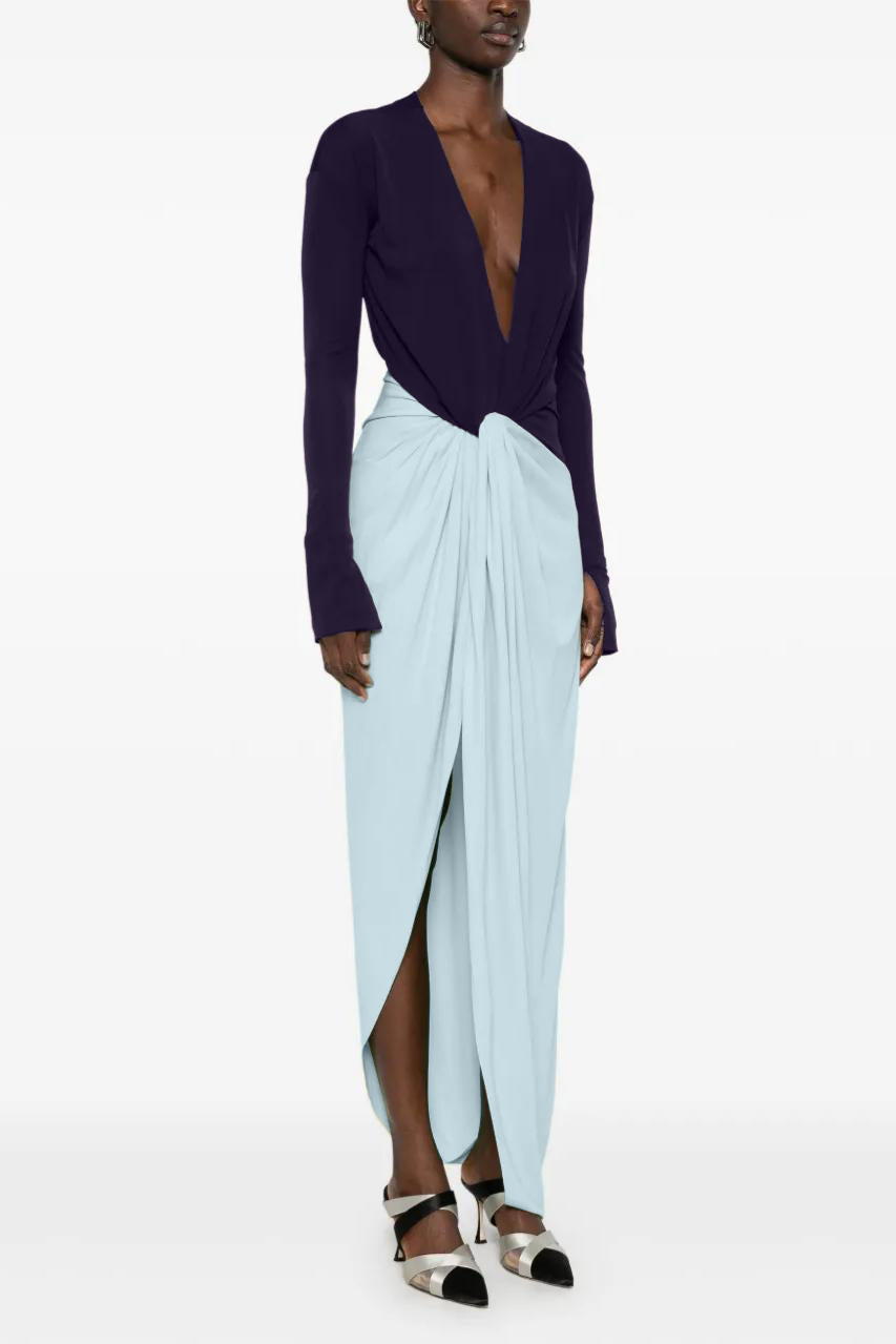 Contrast Color V-Neck Knotted Slit Maxi Dress