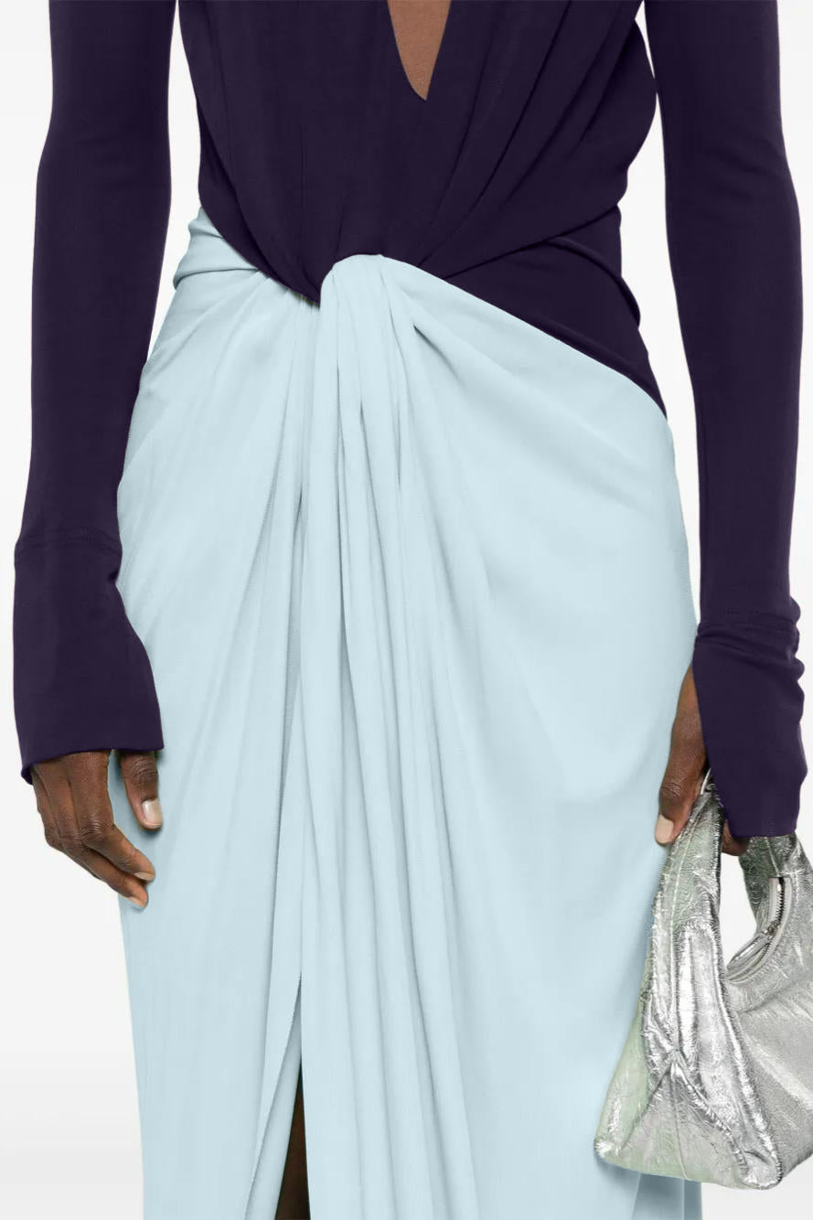 Contrast Color V-Neck Knotted Slit Maxi Dress