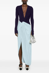 Contrast Color V-Neck Knotted Slit Maxi Dress