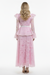 Organza Floral Ruffle Midi Dress With Belt