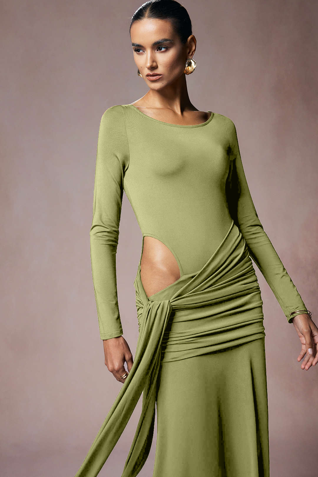 Solid Long Sleeve Cut-Out Maxi Dress