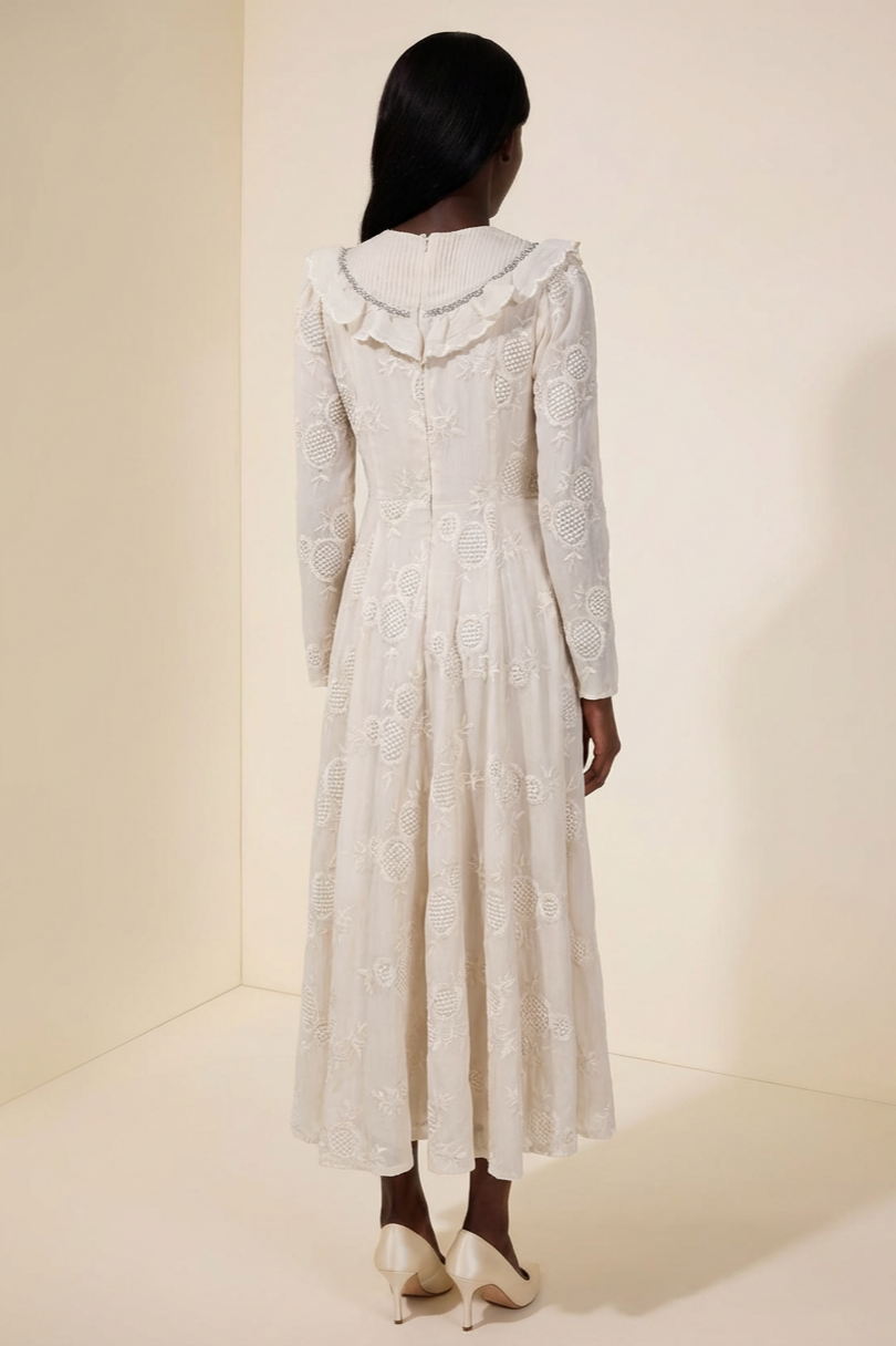 Chiffon Embroidered Ruffle Midi Dress