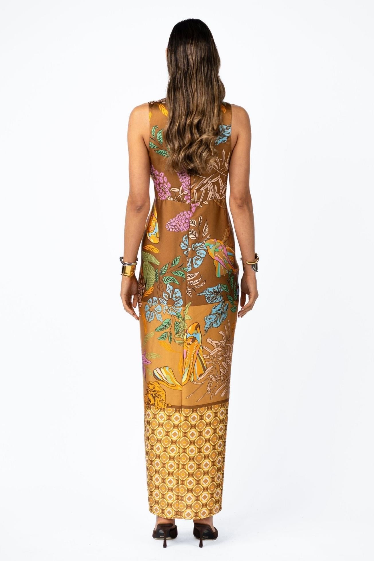 Botanical Print Satin Knotted Midi Dress