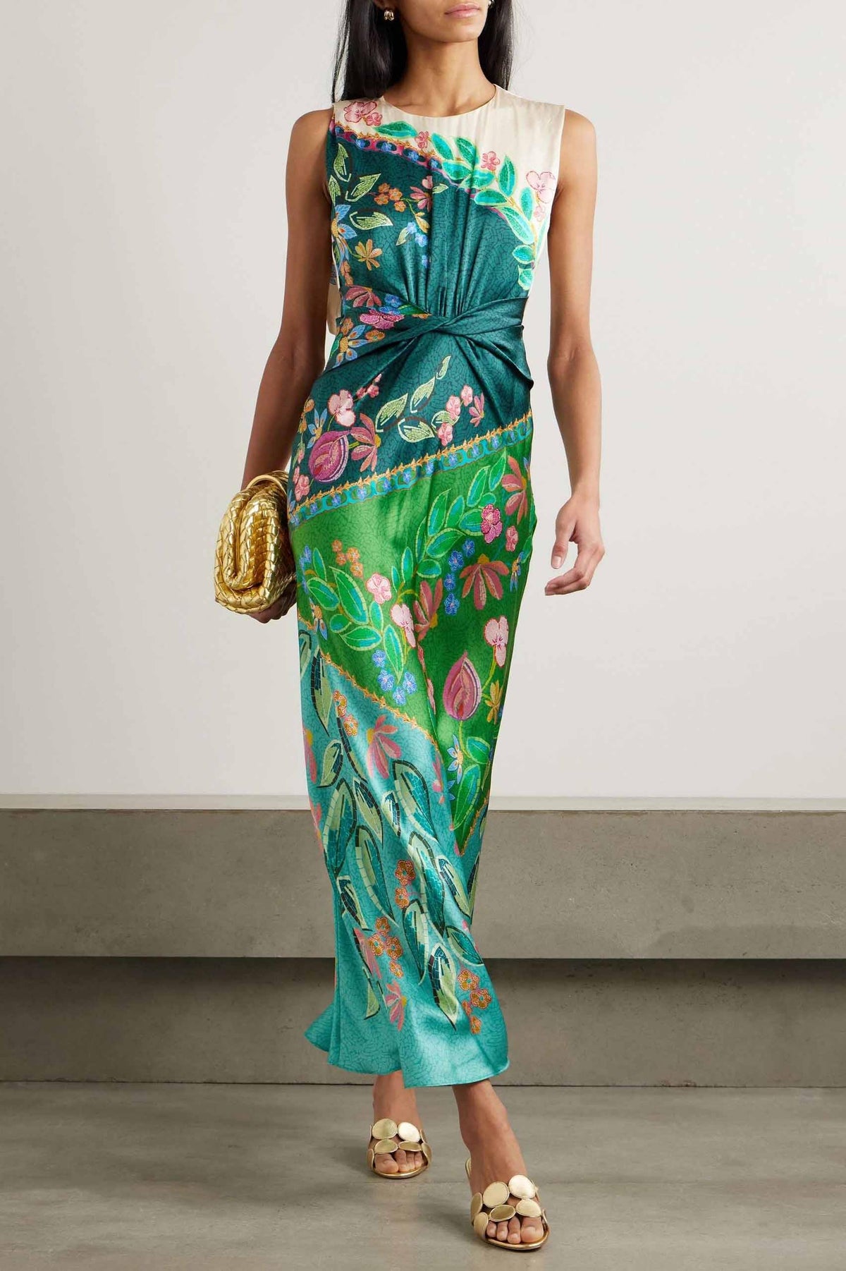 Satin Paisley Print Knotted Midi Dress