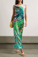 Satin Paisley Print Knotted Midi Dress